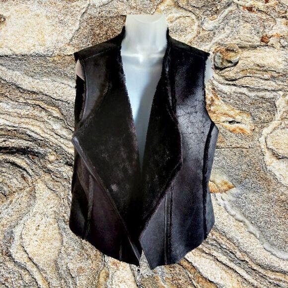 VEST MARC OF NEW YORK LEATHER/FAUX FUR Distressed ASYMMETRICAL ZIP XL - Picture 5 of 7